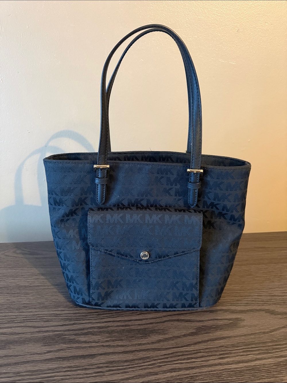 Michael Kors Black Jet Set Monogram Tote with Front Snap Pocket